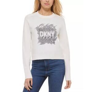 DKNY JEANS Women's Crewneck Sweater XXS Ivory White Sequin Logo Cotton Blend NWT